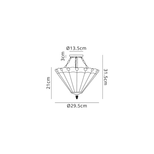 C-Lighting Heath 2 Light Semi Ceiling E27 With 30cm Tiffany Shade, Grey/Cmurston/Crystal/Aged Antique Brass - 29734