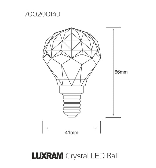 CrystaLED Ball E14 3W Warm White 3000K, 300lm, Clear Crystal Finish, 3yrs Warranty