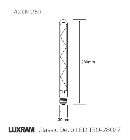 Classic Deco LED 280mm Tubular E27 Dimmable 6W 2700K Warm White, 500lm, Clear Glass, 3yrs Warranty