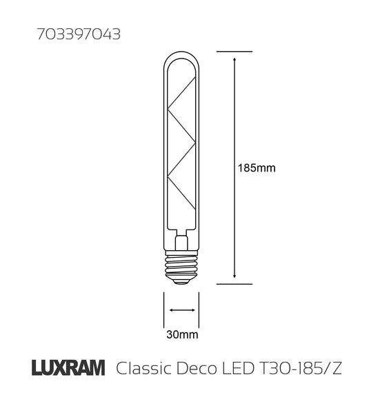 Classic Deco LED 185mm Tubular E27 Dimmable 4W 2700K Warm White, 300lm, Clear Glass, 3yrs Warranty