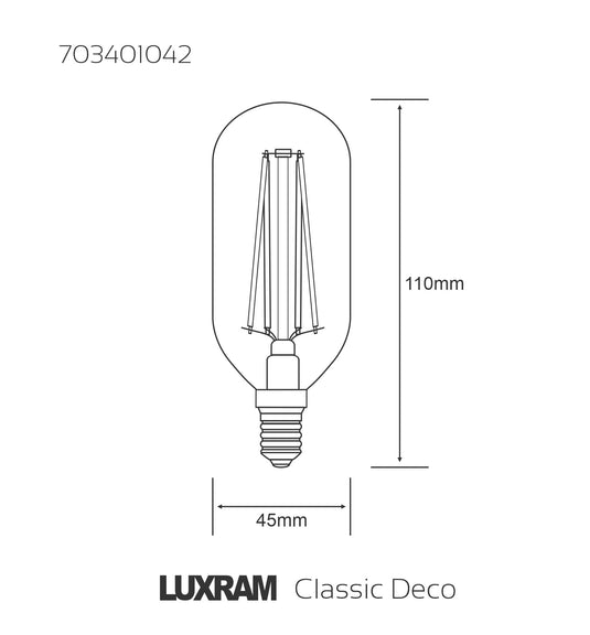 Classic Deco T45 4000K Natural White, E14 4W Dimmable, Clear Glass, 3yrs Warranty