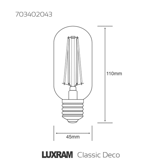 Classic Deco T45 2700K Warm White, E27 4W Dimmable, Clear Glass, 3yrs Warranty