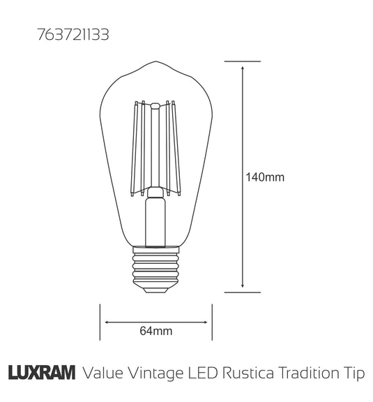 Value Vintage LED Rustica Tradition Tip/M ST64 E27 4W 2200K, 330lm, Amber Finish, 3yr Warranty