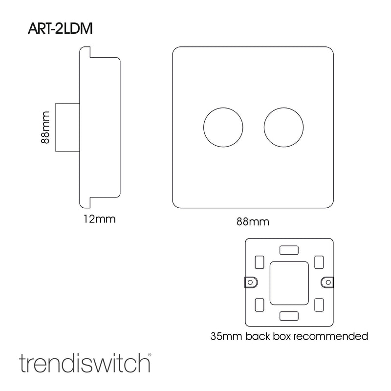 Load image into Gallery viewer, Trendi Switch ART-2LDMCG, Artistic Modern 2 Gang 2 Way LED Dimmer Switch 5-150W LED / 120W Tungsten Per Dimmer, Cool Grey Finish, (35mm Back Box Required) 5yrs Warranty - 53593
