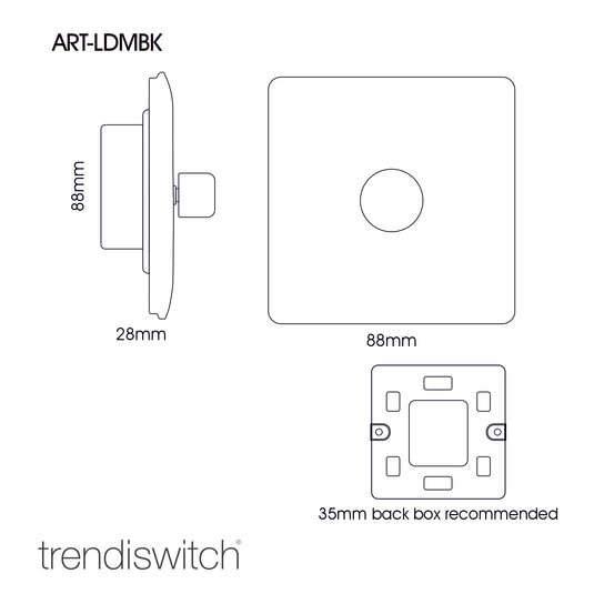 Trendi Switch ART-LDMMBK, Artistic Modern 1 Gang 1 Way LED Dimmer Switch 5-150W LED / 120W Tungsten, Matt Black/Chrome Finish, (35mm Back Box Required), 5yrs Warranty - 38721