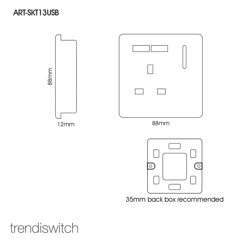 Load image into Gallery viewer, Trendi Switch ART-SKT13USBBK, Artistic Modern 1 Gang 13Amp Switched Socket WIth 2 x USB Ports Gloss Black Finish, BRITISH MADE, (35mm Back Box Required), 5yrs Warranty - 24300
