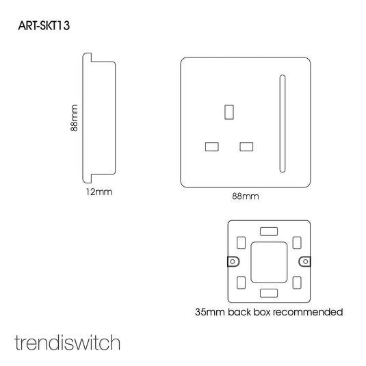 Trendi Switch ART-SKT13SI, Artistic Modern 1 Gang 13Amp Switched Socket Silver Finish, BRITISH MADE, (25mm Back Box Required), 5yrs Warranty - 24229