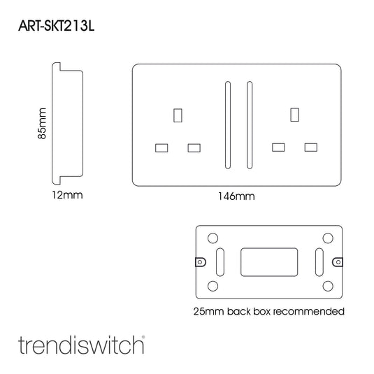 Trendi Switch ART-SKT213LBK, Artistic Modern 2 Gang 13Amp Long Switched Double Socket Gloss Black Finish, BRITISH MADE, (25mm Back Box Required), 5yrs Warranty - 24236