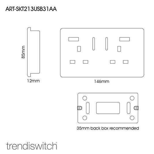 Trendi Switch ART-SKT213USB31AASB, Artistic Modern 2 Gang USB 2x3.1mAH Plug Socket Strawberry Finish, BRITISH MADE, (35mm Back Box Required), 5yrs Warranty - 53887