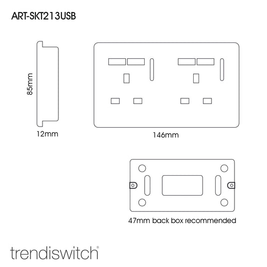 Trendi Switch ART-SKT213USBBK, Artistic Modern 2 Gang 13Amp Switched Double Socket With 4X 2.1Mah USB Gloss Black Finish, BRITISH MADE, (45mm Back Box Required) 5yrs Wrnty - 24242