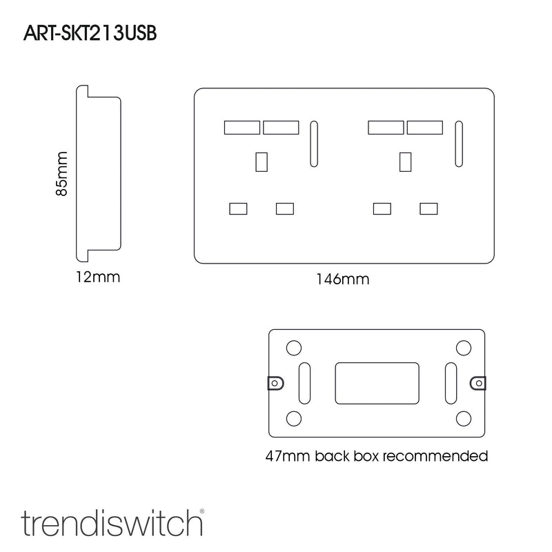 Load image into Gallery viewer, Trendi Switch ART-SKT213USBOB, Artistic 2 Gang 13Amp Switched Double Socket With 4X 2.1Mah USB Ocean Blue Finish, BRITISH MADE, (45mm Back Box Required), 5yrs Warranty - 53903
