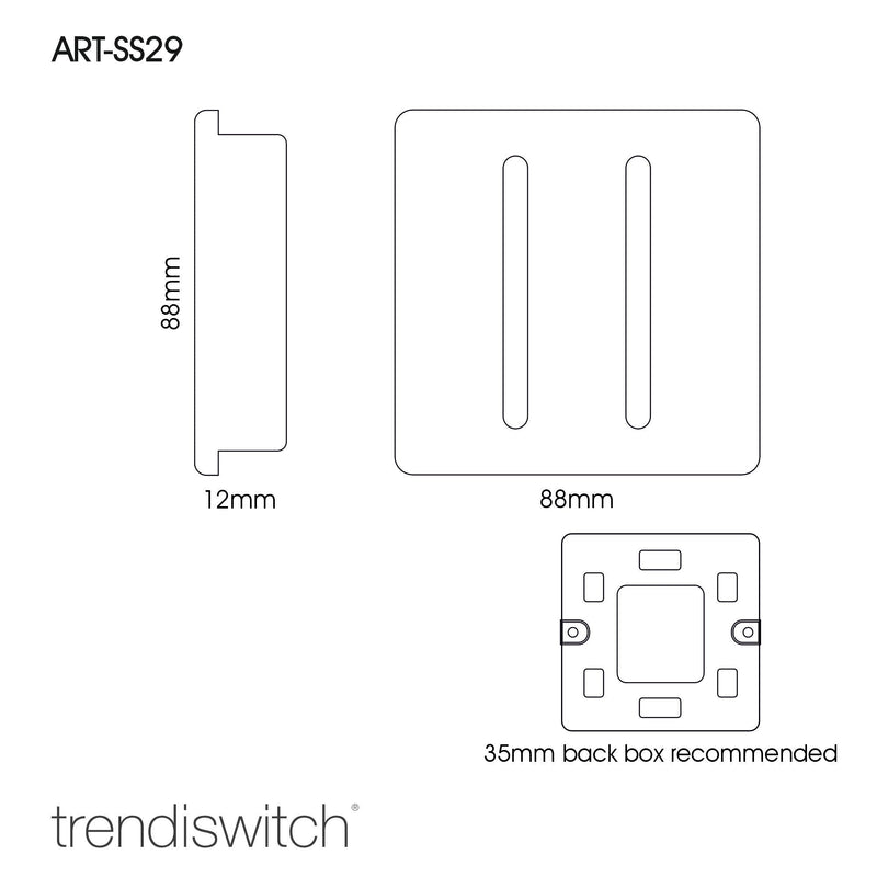 Load image into Gallery viewer, Trendi Switch ART-SS29BS, Artistic Modern 2 Gang (1x2 Way, 1xIntermediate) 10 Amp Rocker Brushed Steel Finish, BRITISH MADE, (25mm Back Box Required), 5yrs Warranty - 53974
