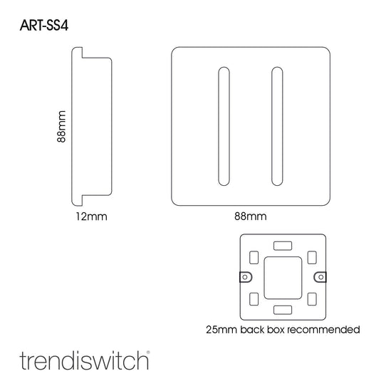 Trendi Switch ART-SS4BS, Artistic Modern 2 Gang 2 Way 10 Amp Rocker Brushed Steel Finish, BRITISH MADE, (25mm Back Box Required), 5yrs Warranty - 54030