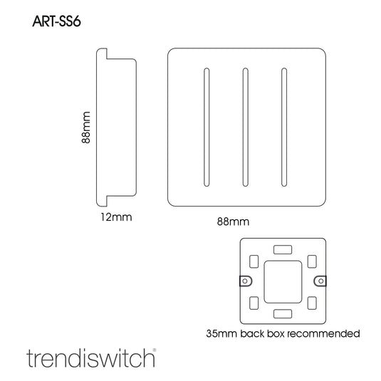Trendi Switch ART-SS6SI, Artistic Modern 3 Gang 2 Way 10 Amp Rocker Silver Finish, BRITISH MADE, (25mm Back Box Required), 5yrs Warranty - 24221