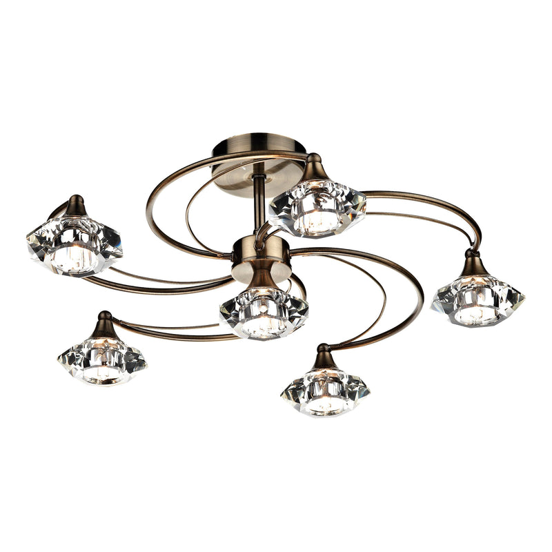 Load image into Gallery viewer, Dar Lighting LUT0675 Luther 6 Light Semi Flush Antique Brass Crystal - 17317
