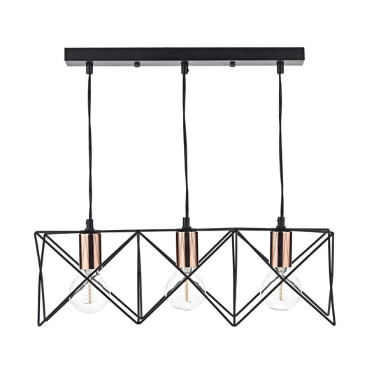 Dar Lighting MID0322 Midi 3 Light Bar Pendant Black & Bright Copper Detail - 20039