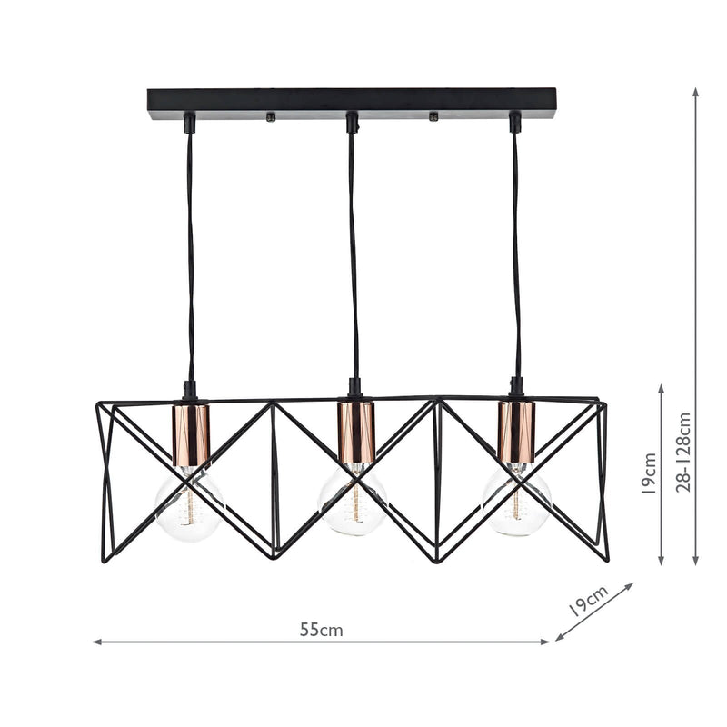 Load image into Gallery viewer, Dar Lighting MID0322 Midi 3 Light Bar Pendant Black &amp; Bright Copper Detail - 20039

