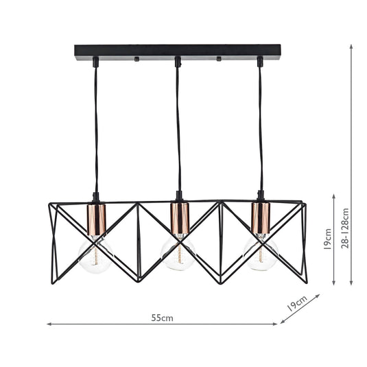 Dar Lighting MID0322 Midi 3 Light Bar Pendant Black & Bright Copper Detail - 20039