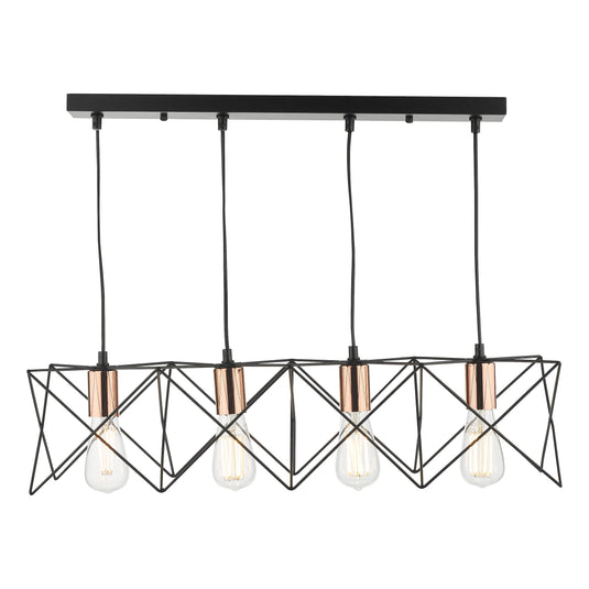 Dar Lighting MID0422 Midi 4 Light Bar Pendant Black & Bright Copper Detail - 35247