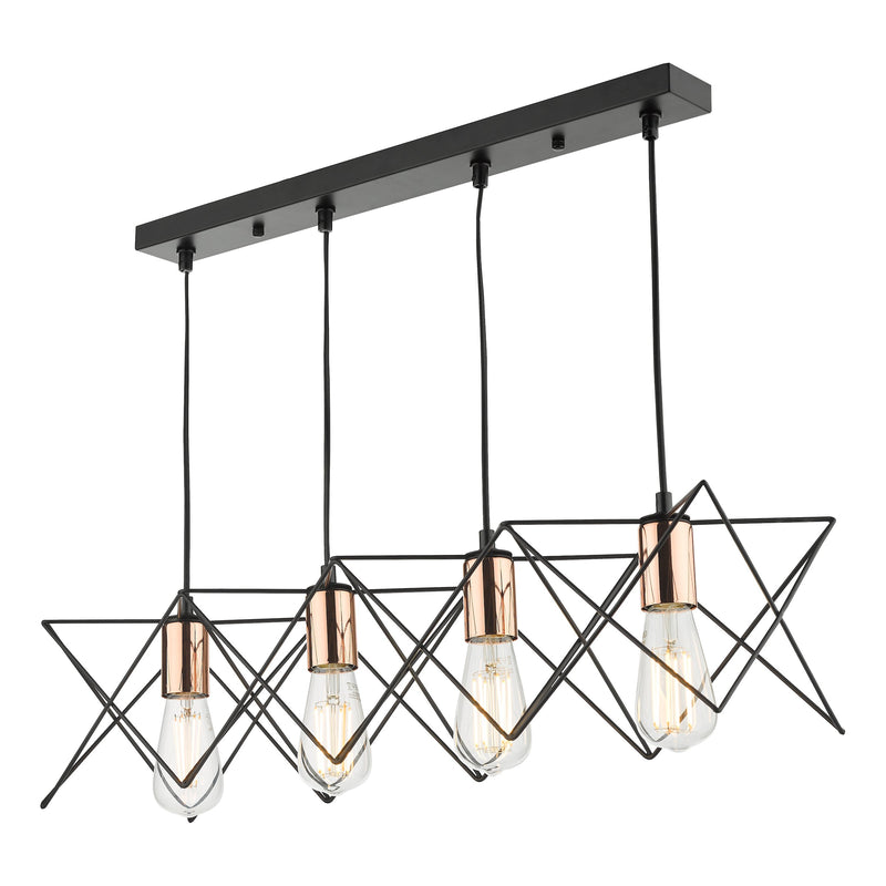 Load image into Gallery viewer, Dar Lighting MID0422 Midi 4 Light Bar Pendant Black &amp; Bright Copper Detail - 35247
