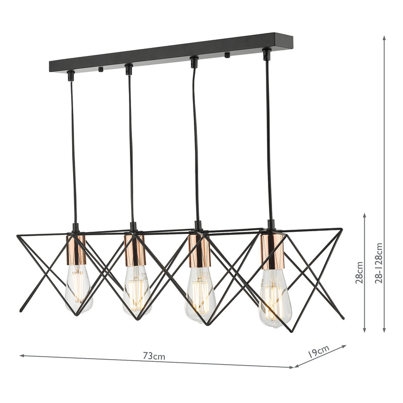 Load image into Gallery viewer, Dar Lighting MID0422 Midi 4 Light Bar Pendant Black &amp; Bright Copper Detail - 35247
