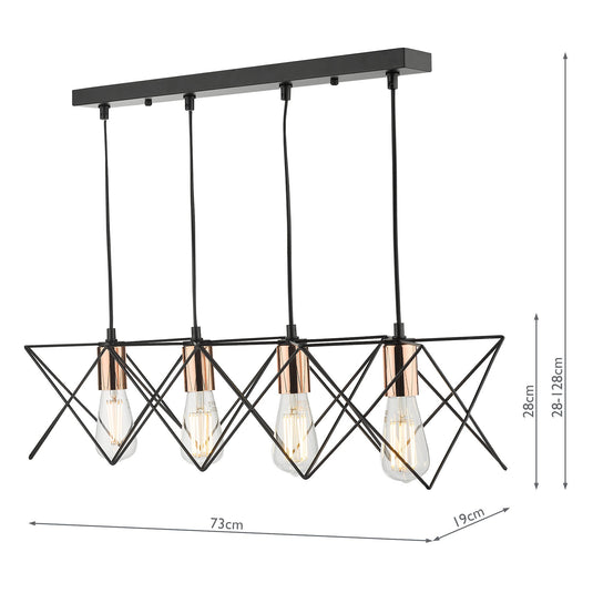 Dar Lighting MID0422 Midi 4 Light Bar Pendant Black & Bright Copper Detail - 35247