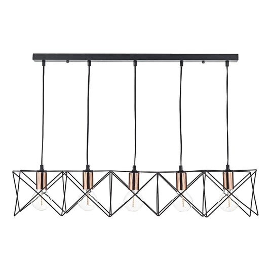 Dar Lighting MID0522 Midi Cage 5 Light Bar Pendant Matt Black Bright & Copper - 22268