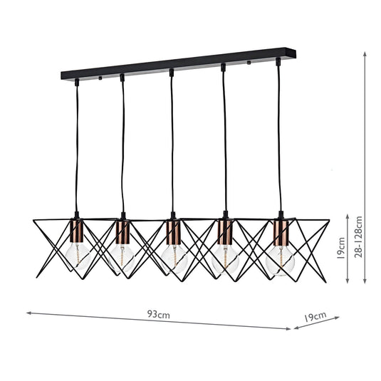 Dar Lighting MID0522 Midi Cage 5 Light Bar Pendant Matt Black Bright & Copper - 22268