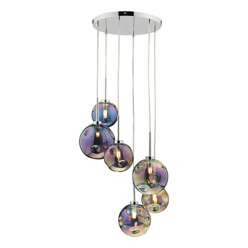 Load image into Gallery viewer, Dar Lighting MIR0655 Mira 6 Light Cluster Pendant Polished Chrome Iridised Glass - 36976
