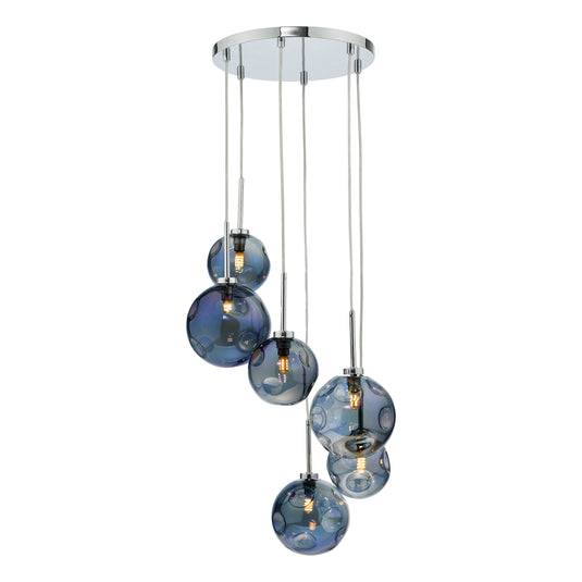 Dar Lighting MIR0655 Mira 6 Light Cluster Pendant Polished Chrome Iridised Glass - 36976