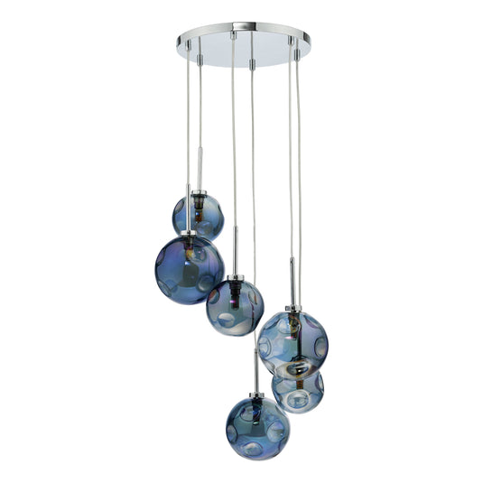Dar Lighting MIR0655 Mira 6 Light Cluster Pendant Polished Chrome Iridised Glass - 36976