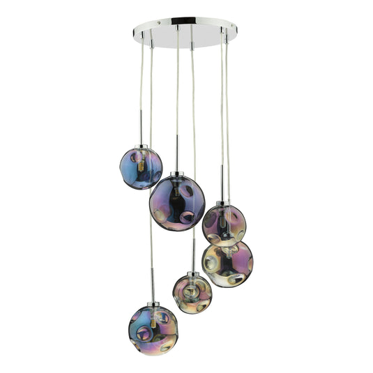 Dar Lighting MIR0655 Mira 6 Light Cluster Pendant Polished Chrome Iridised Glass - 36976