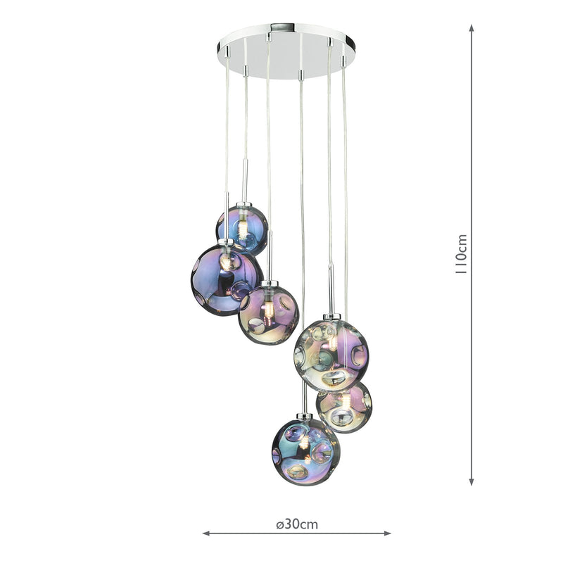 Load image into Gallery viewer, Dar Lighting MIR0655 Mira 6 Light Cluster Pendant Polished Chrome Iridised Glass - 36976
