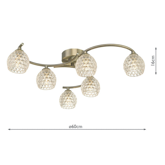 Dar Lighting NAK6475-06 Nakita 6 Light Semi Flush Antique Brass With Dimpled Glass - 37164
