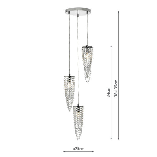 Dar Lighting NUA0350 Nuala 3 Light Cluster Pendant Polished Chrome & Crystal - 25049