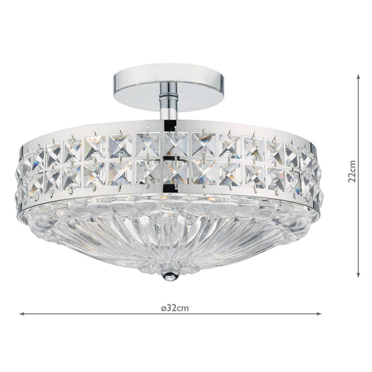 Dar Lighting OLO5350 Olona 3 Light Semi Flush Polished Chrome Crystal Beads and Glass Diffuser - 22244