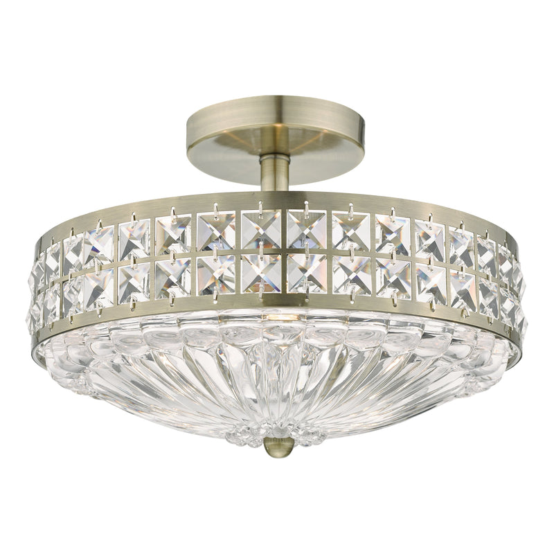 Load image into Gallery viewer, Dar Lighting OLO5375 Olona 3L Light Semi Flush Antique Brass Crystal Beads and Glass Diffuser - 20949
