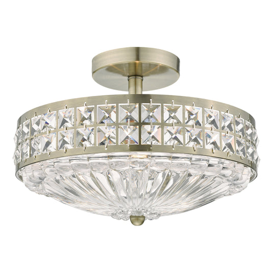 Dar Lighting OLO5375 Olona 3L Light Semi Flush Antique Brass Crystal Beads and Glass Diffuser - 20949
