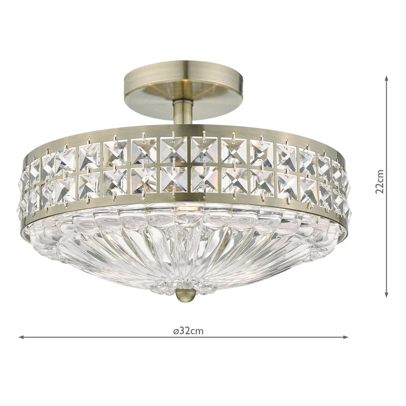 Load image into Gallery viewer, Dar Lighting OLO5375 Olona 3L Light Semi Flush Antique Brass Crystal Beads and Glass Diffuser - 20949
