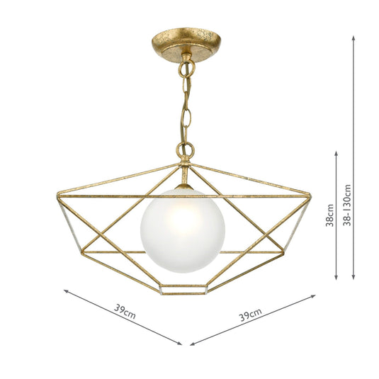 Dar Lighting ORS0135 Orsini 1 Light Pendant Antique Gold Opal Glass Shade - 35295