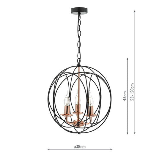 Dar Lighting PHO0322 Phoenix 3lt Pendant Black & Copper - 22892