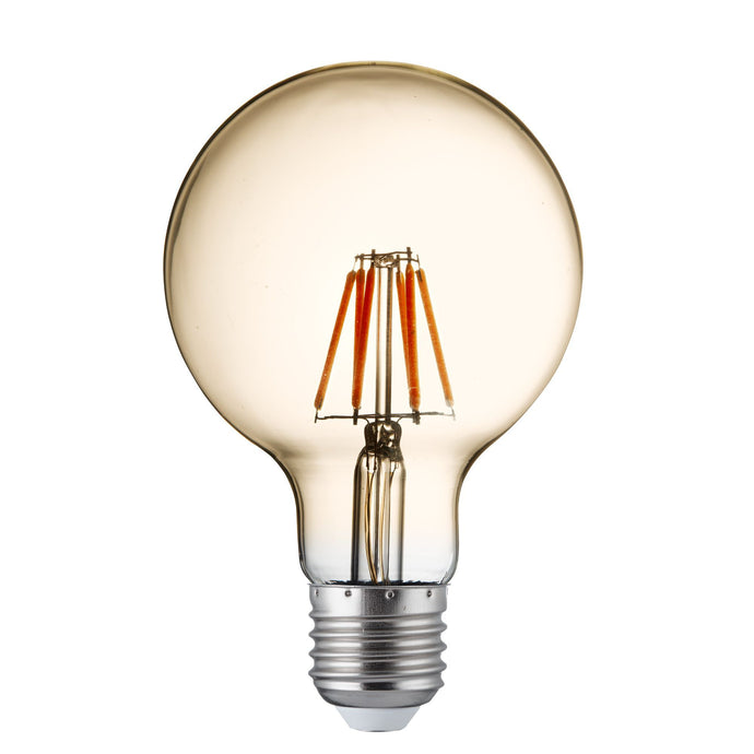 Searchlight PL3227-6WW Pack 5 LED Lamps  - Dimmable LED Filament Globe (95mm) Amber Glass, E27 6W, 600Lm 2700K - 31740