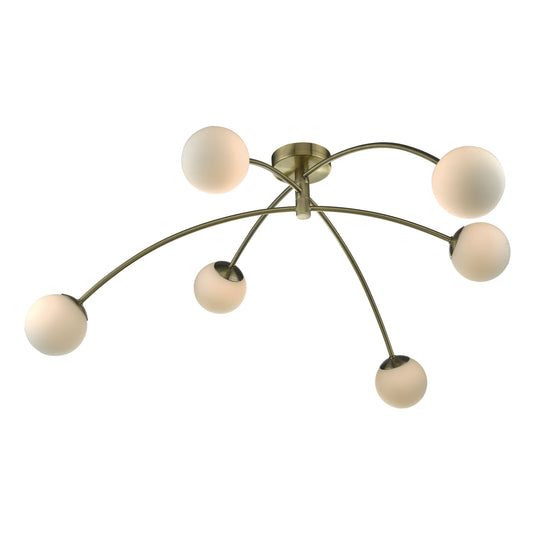 Dar Lighting PUG6475 Puglia 6lt Semi Flush Antique Brass & Opal Glass - 35314