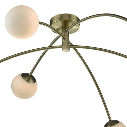 Dar Lighting PUG6475 Puglia 6lt Semi Flush Antique Brass & Opal Glass - 35314