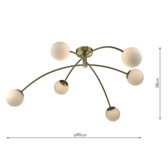 Dar Lighting PUG6475 Puglia 6lt Semi Flush Antique Brass & Opal Glass - 35314