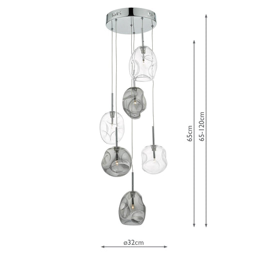 Dar Lighting QUI6410 Quinn 6 Light Cluster Pendant Smoked & Clear Glass - 21849