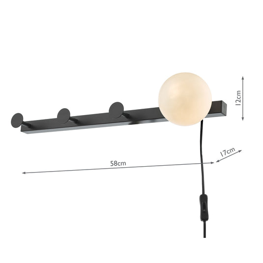 Dar Lighting RAC7122 Rack Wall Light & Coat Hook Matt Black Opal Glass - Plug in - 37182