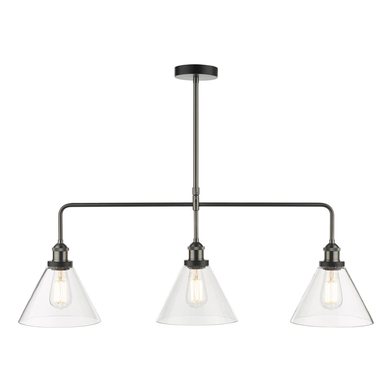 Load image into Gallery viewer, Dar Lighting RAY0338 Ray 3 Light Bar Pendant Antique Nickel Clear Glass - 35333
