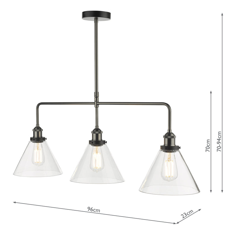 Load image into Gallery viewer, Dar Lighting RAY0338 Ray 3 Light Bar Pendant Antique Nickel Clear Glass - 35333
