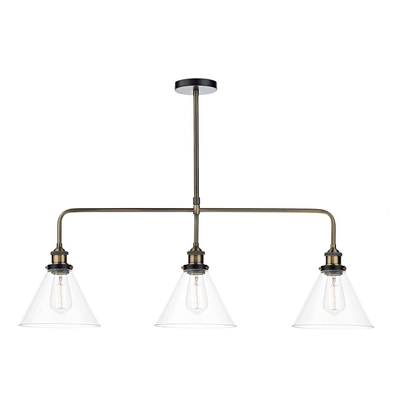 Load image into Gallery viewer, Dar Lighting RAY0375 Ray 3 Light Bar Pendant Antique Brass Clear - 23875
